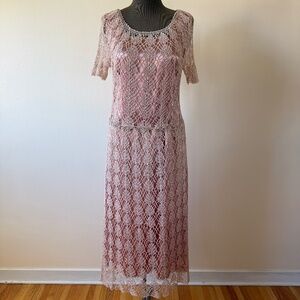 Stunning Vintage 70s Dusty Pink Crochet Tea Dress
